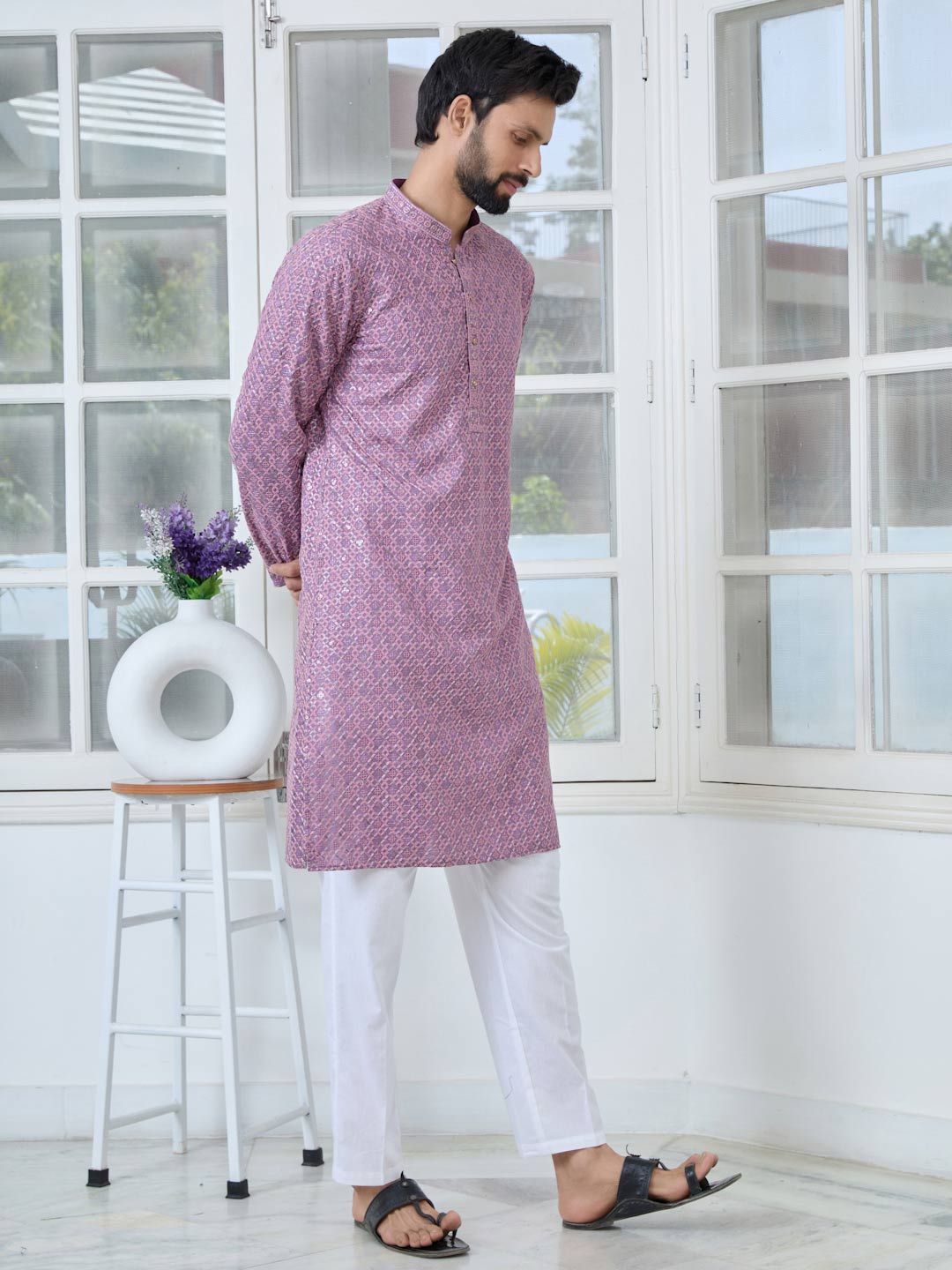 Men Purple-Pink Embroidered Straight Kurta