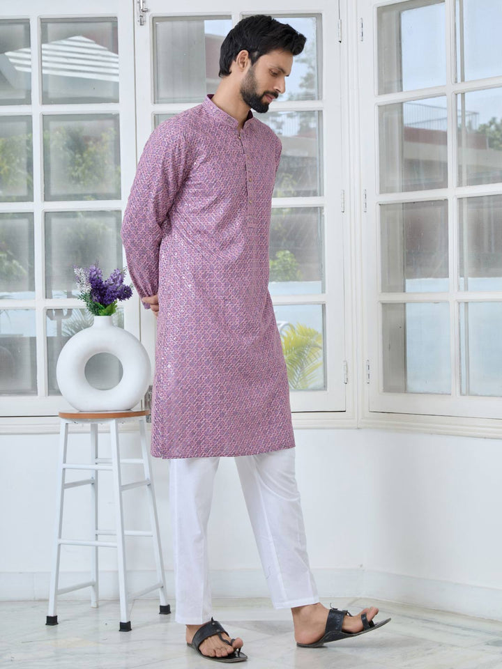 Men Purple-Pink Embroidered Straight Kurta