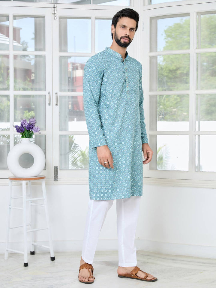 Men Blue Embroidered Mandarin Collar Straight Kurta with Pyjama with Pyjama