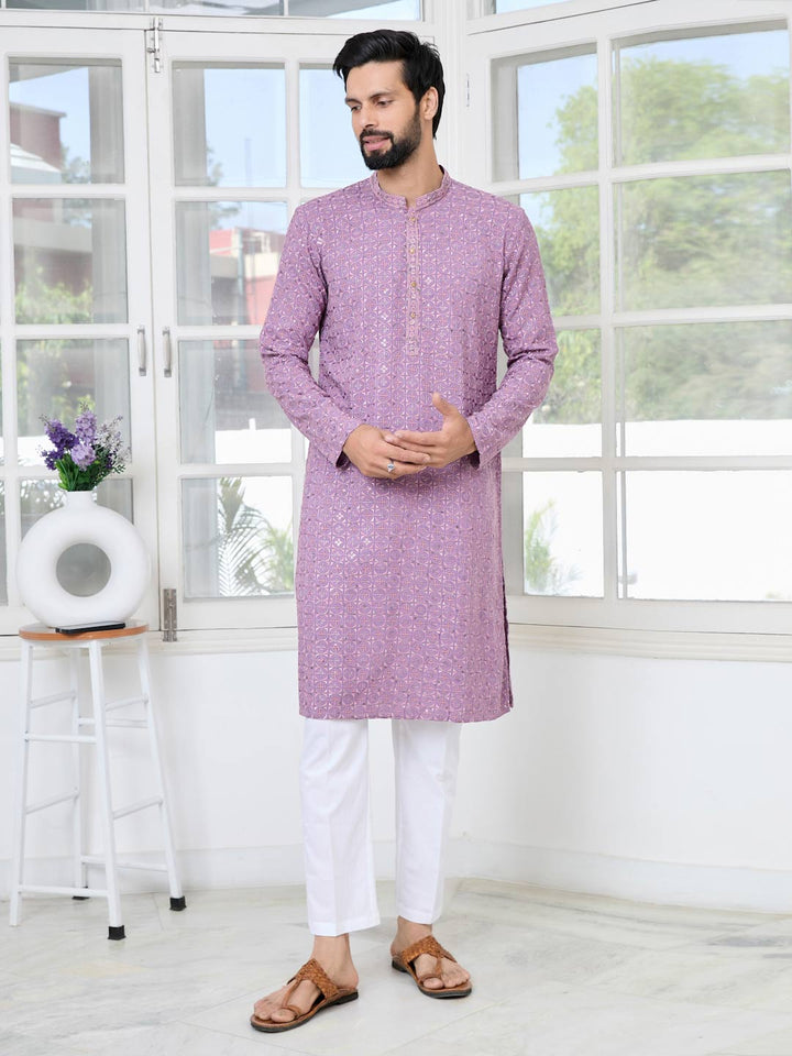 Men Lavender Embroidered Mandarin Collar Straight Kurta