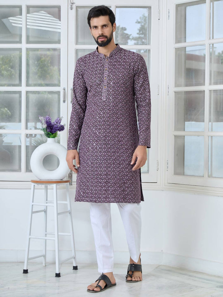 Men Purple-Lavender Embroidered Mandarin Collar Straight Kurta