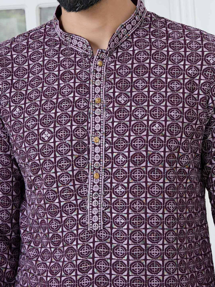 Men Purple-Lavender Embroidered Mandarin Collar Straight Kurta