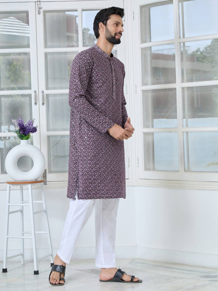 Men Purple-Lavender Embroidered Mandarin Collar Straight Kurta