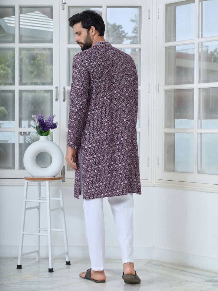 Men Purple-Lavender Embroidered Mandarin Collar Straight Kurta