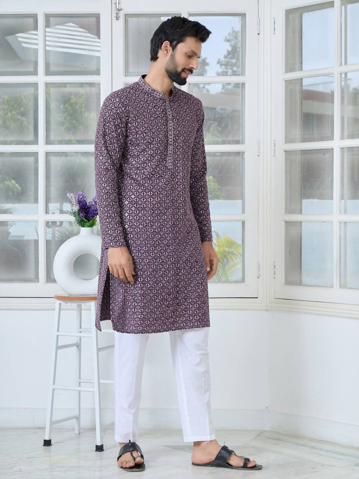 Men Purple-Lavender Embroidered Mandarin Collar Straight Kurta