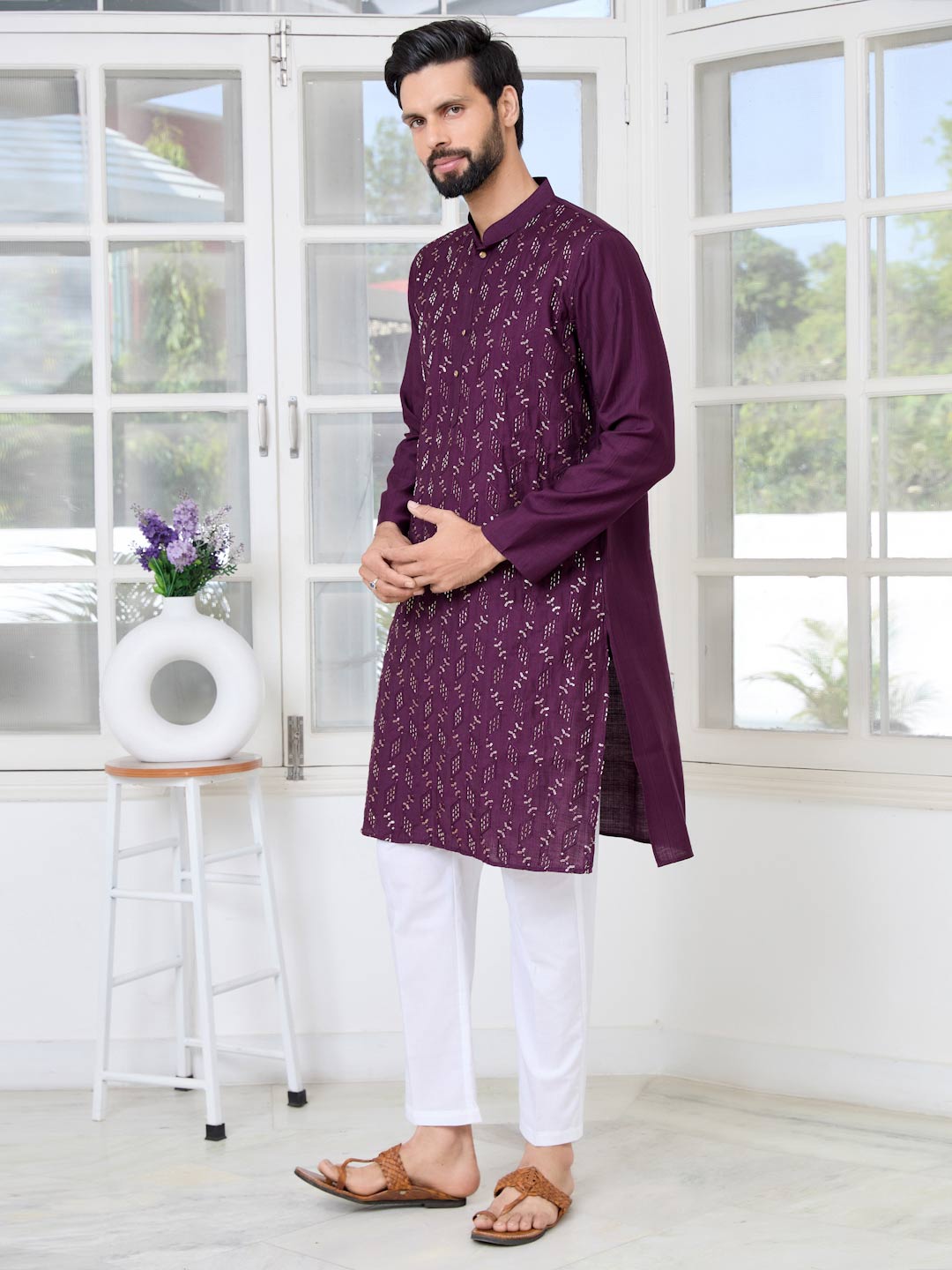 Purple Ethnic Motifs Embroidered Sequinned Mandarin Collar Straight Kurta