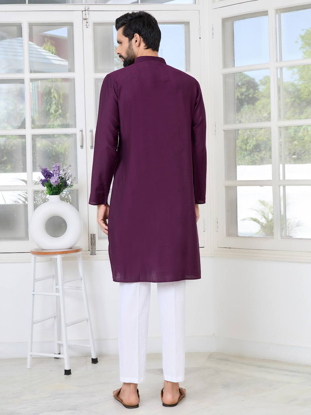 Purple Ethnic Motifs Embroidered Sequinned Mandarin Collar Straight Kurta