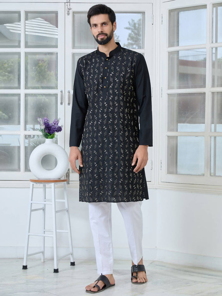 Black Ethnic Motifs Embroidered Sequinned Mandarin Collar Straight Kurta with Pyjama with Pyjama