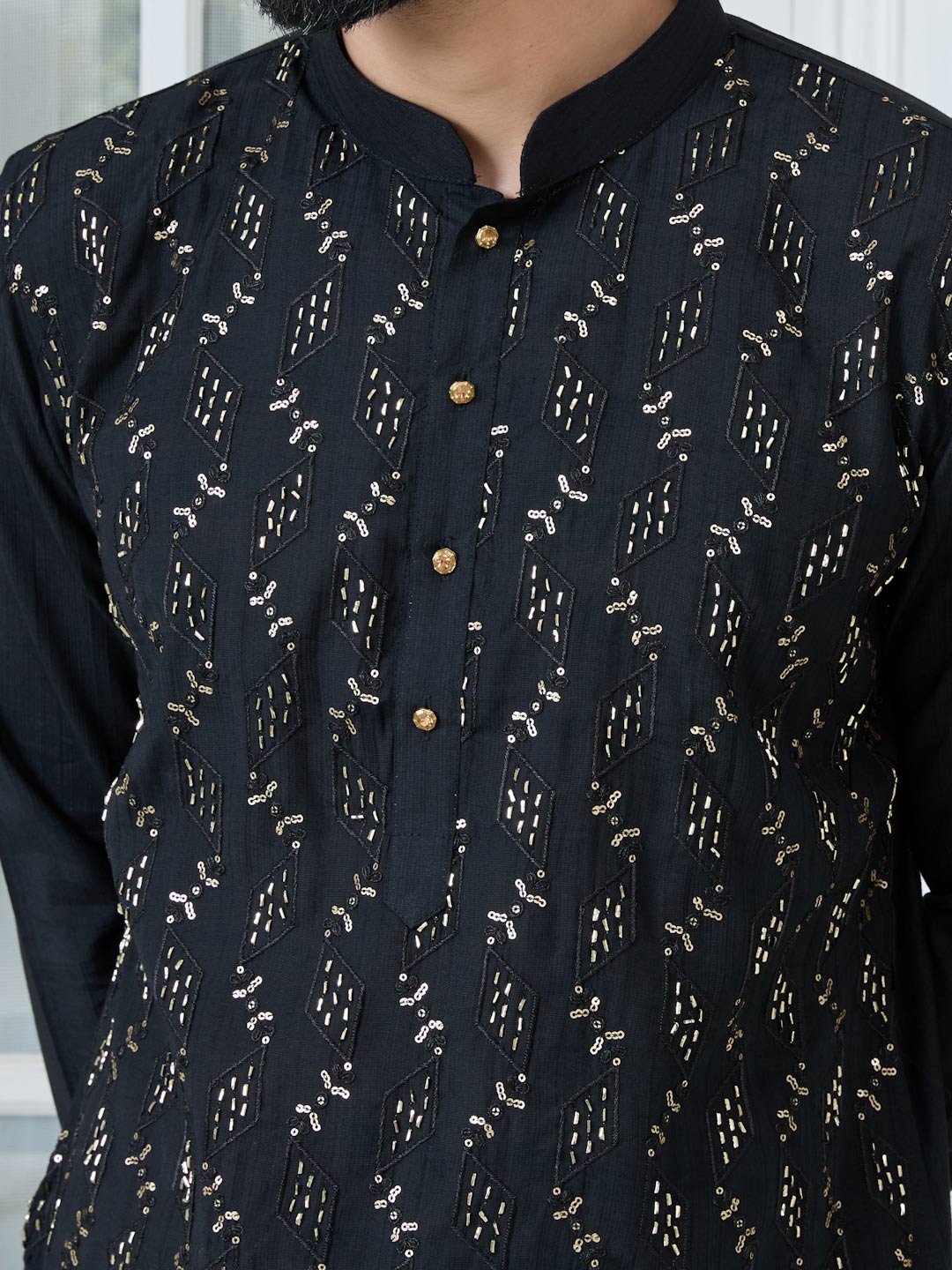 Black Ethnic Motifs Embroidered Sequinned Mandarin Collar Straight Kurta with Pyjama with Pyjama