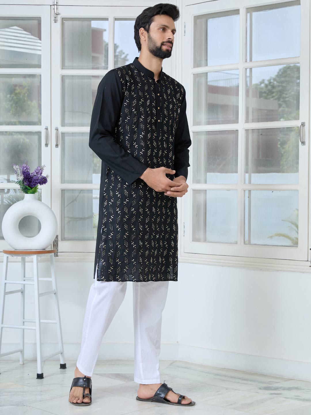 Black Ethnic Motifs Embroidered Sequinned Mandarin Collar Straight Kurta with Pyjama with Pyjama