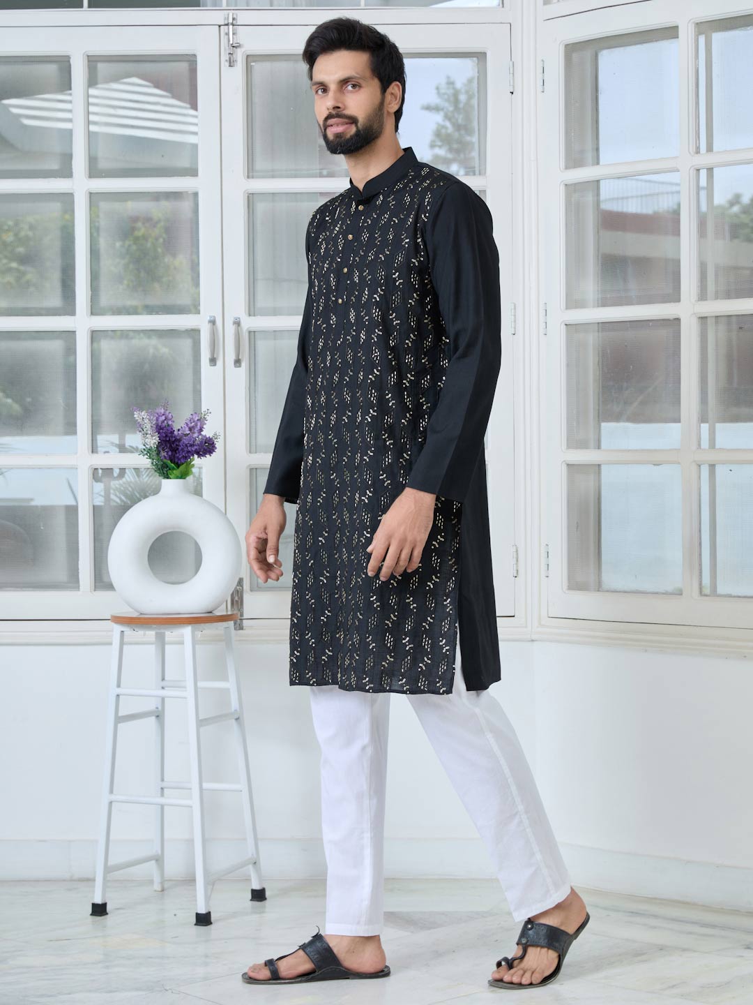 Black Ethnic Motifs Embroidered Sequinned Mandarin Collar Straight Kurta with Pyjama with Pyjama