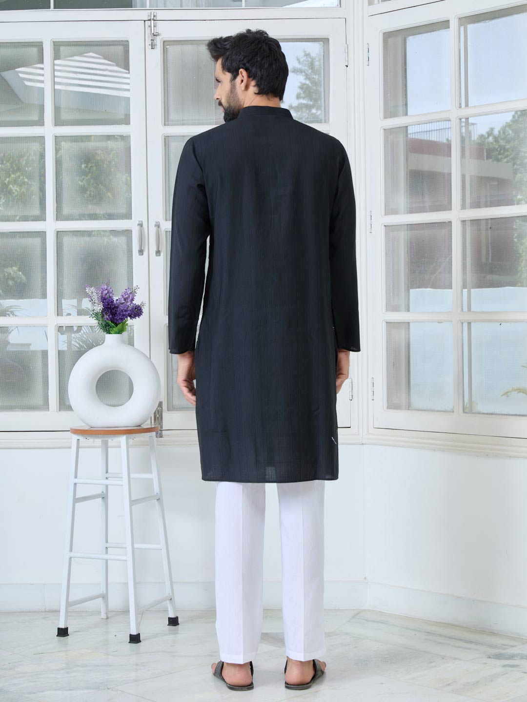 Black Ethnic Motifs Embroidered Sequinned Mandarin Collar Straight Kurta with Pyjama with Pyjama