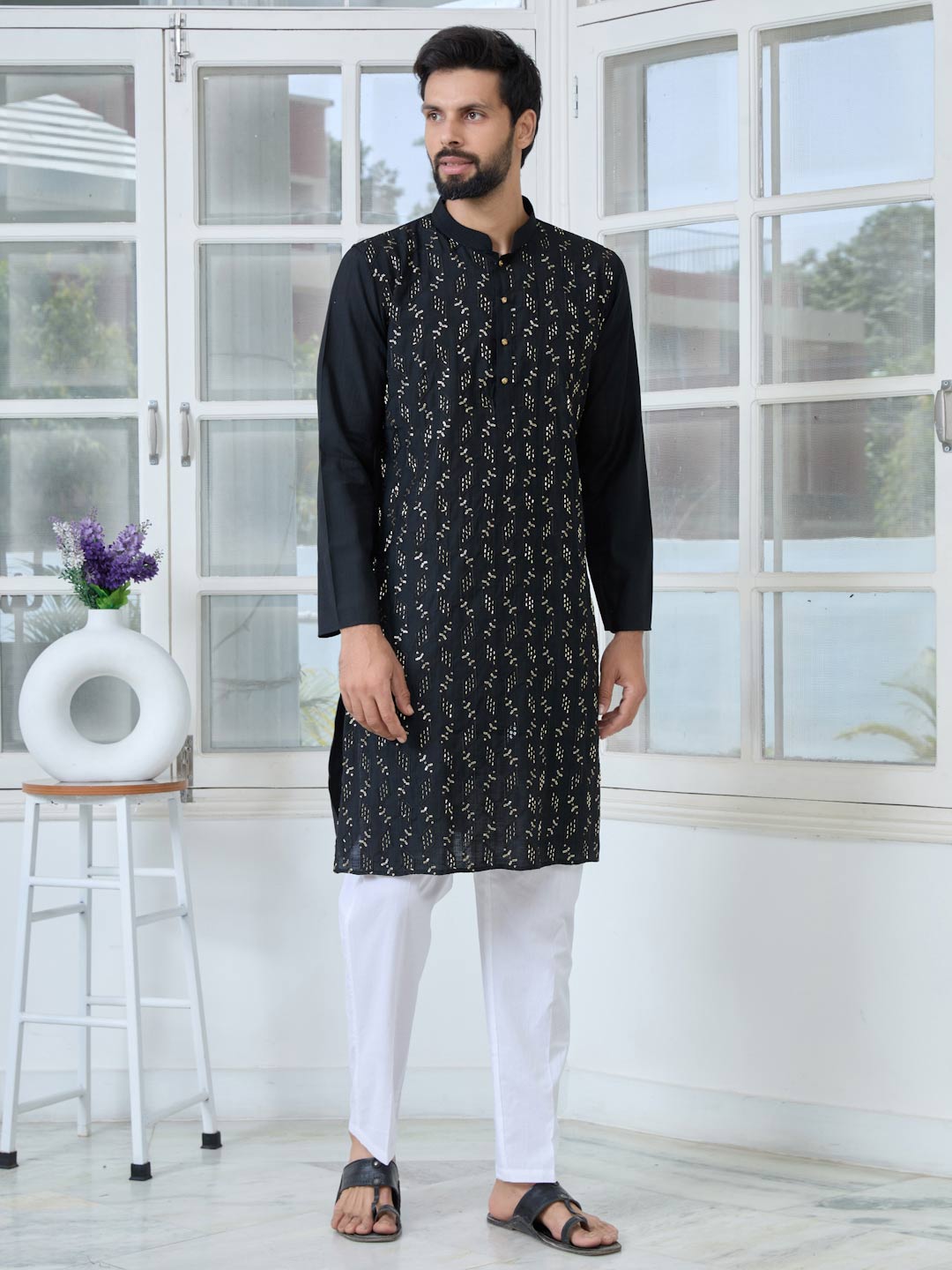 Black Ethnic Motifs Embroidered Sequinned Mandarin Collar Straight Kurta with Pyjama with Pyjama