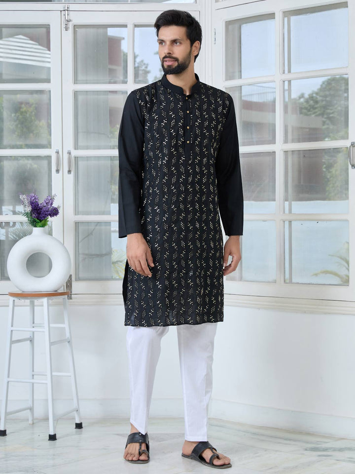 Black Ethnic Motifs Embroidered Sequinned Mandarin Collar Straight Kurta with Pyjama with Pyjama