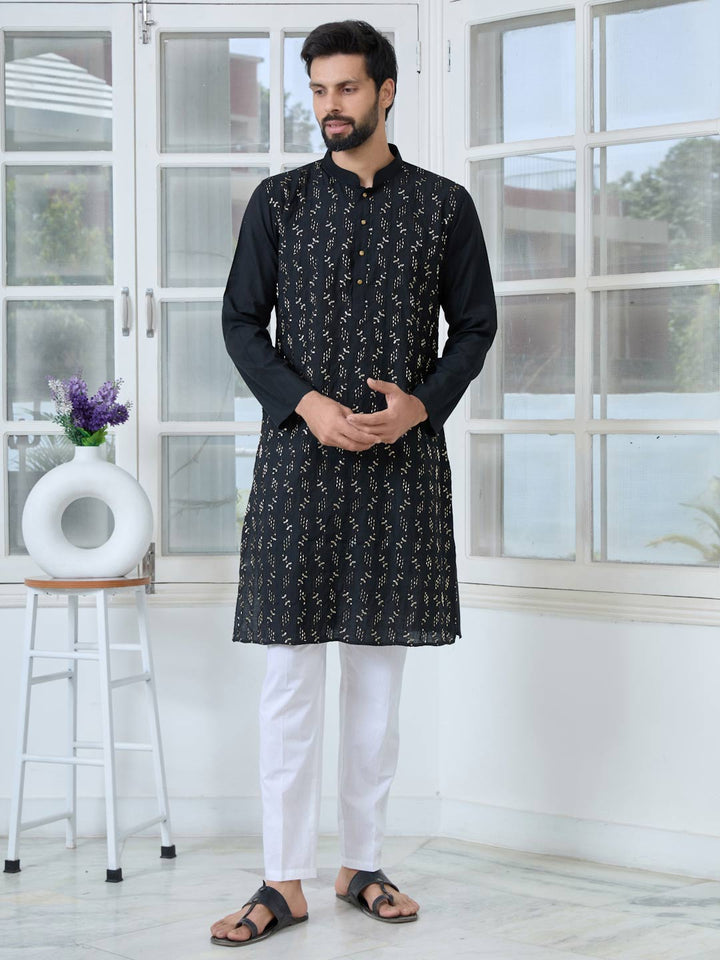 Black Ethnic Motifs Embroidered Sequinned Mandarin Collar Straight Kurta