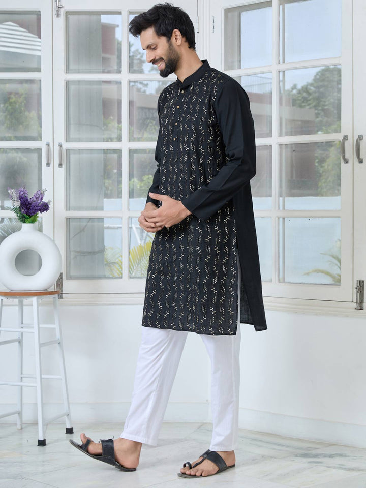 Black Ethnic Motifs Embroidered Sequinned Mandarin Collar Straight Kurta