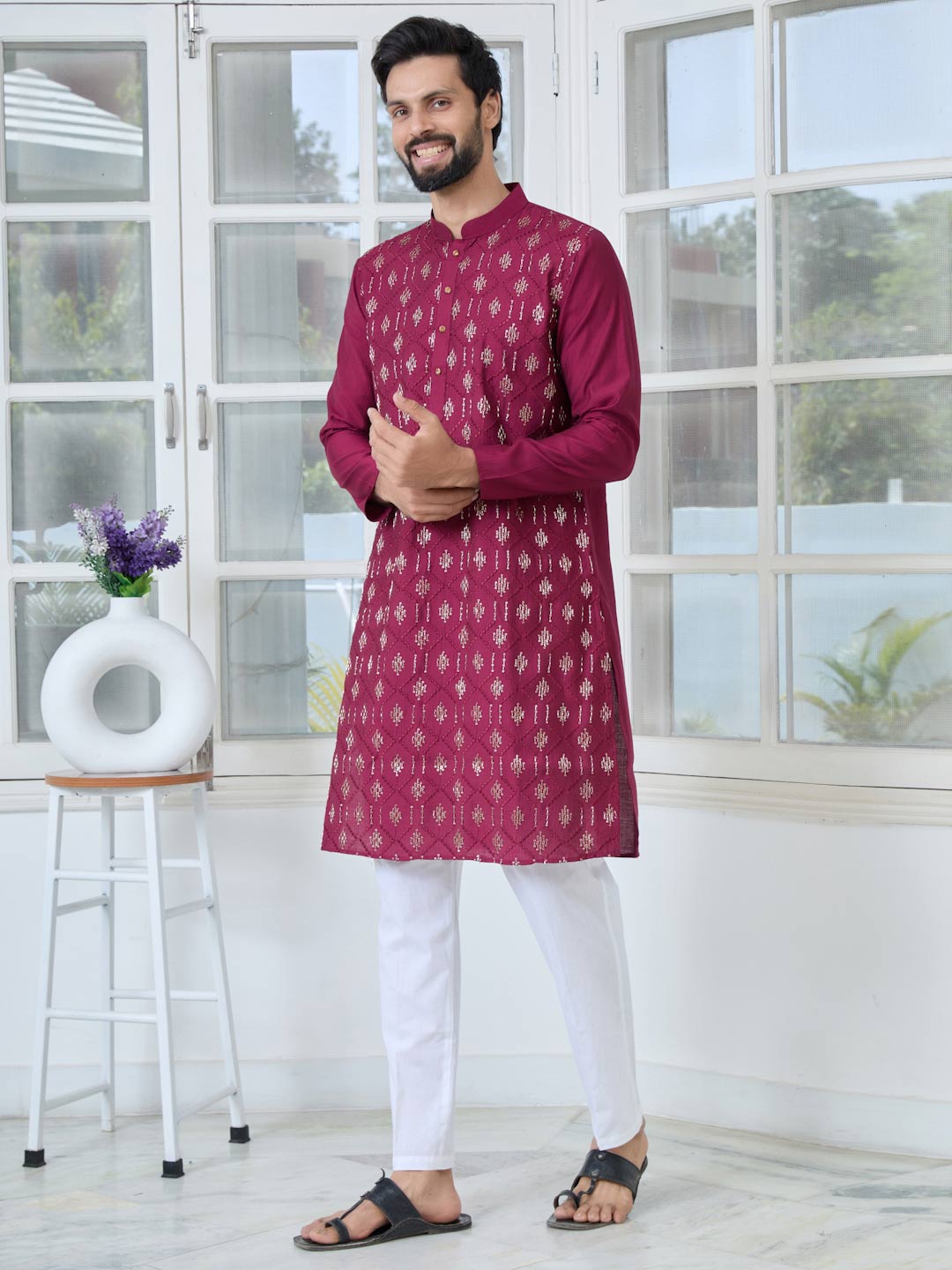 Maroon Ethnic Motifs Embroidered Sequinned Mandarin Collar Straight Kurta