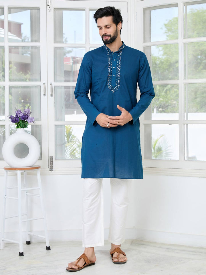 Blue Mirror Worked Cotton Straight Kurta