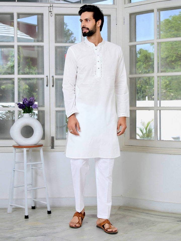 White Mirror Worked Cotton Straight Kurta