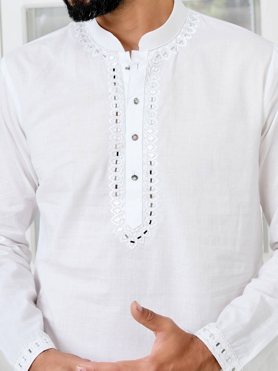 White Mirror Worked Cotton Straight Kurta with Pyjama with Pyjama