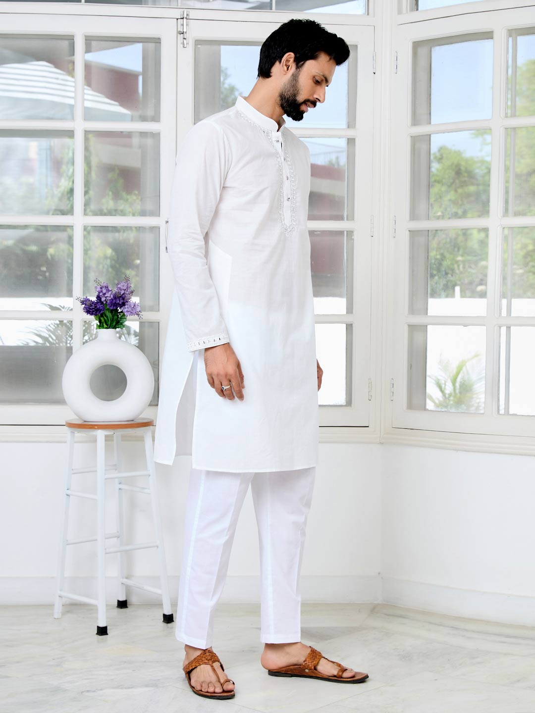 White Mirror Worked Cotton Straight Kurta with Pyjama with Pyjama