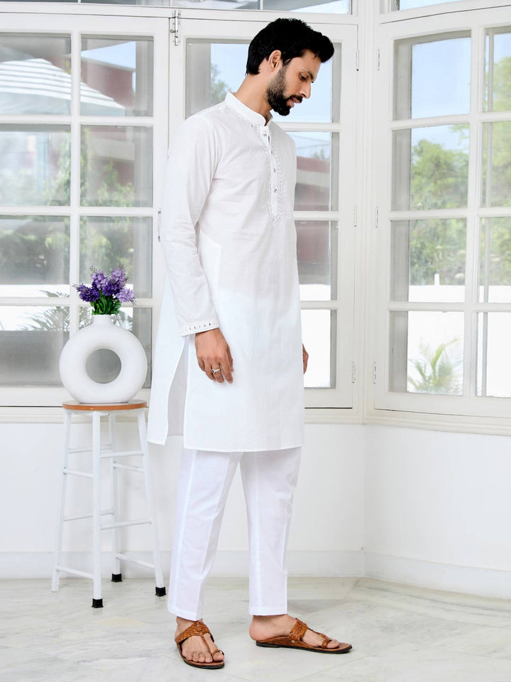 White Mirror Worked Cotton Straight Kurta with Pyjama with Pyjama