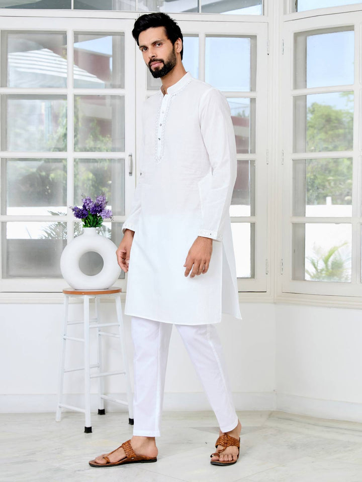 White Mirror Worked Cotton Straight Kurta with Pyjama with Pyjama