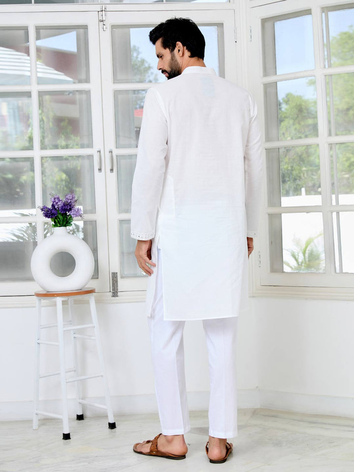 White Mirror Worked Cotton Straight Kurta with Pyjama with Pyjama