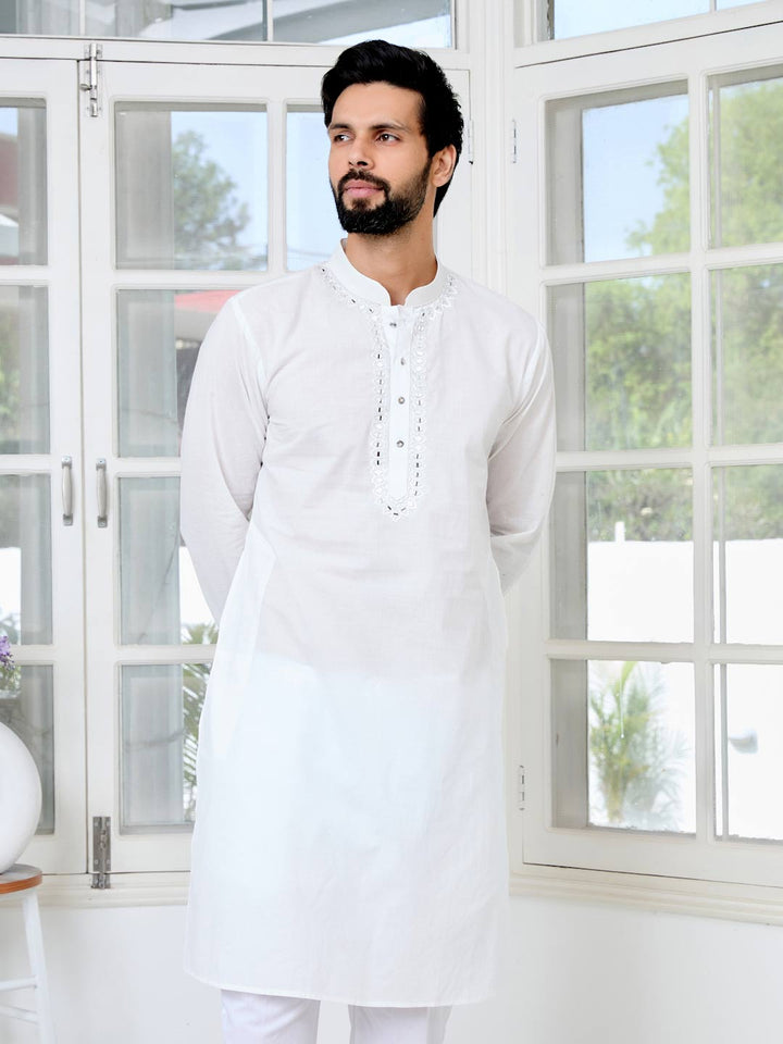 White Mirror Worked Cotton Straight Kurta with Pyjama with Pyjama