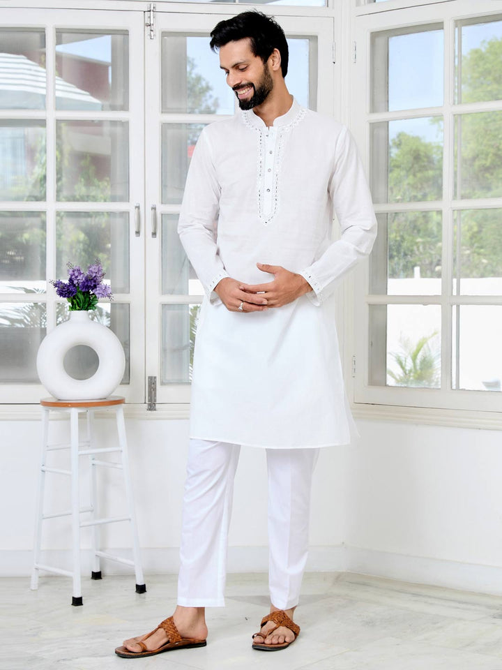 White Mirror Worked Cotton Straight Kurta