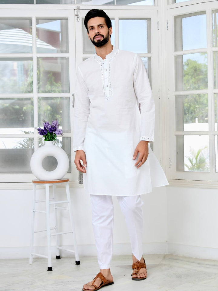 White Mirror Worked Cotton Straight Kurta
