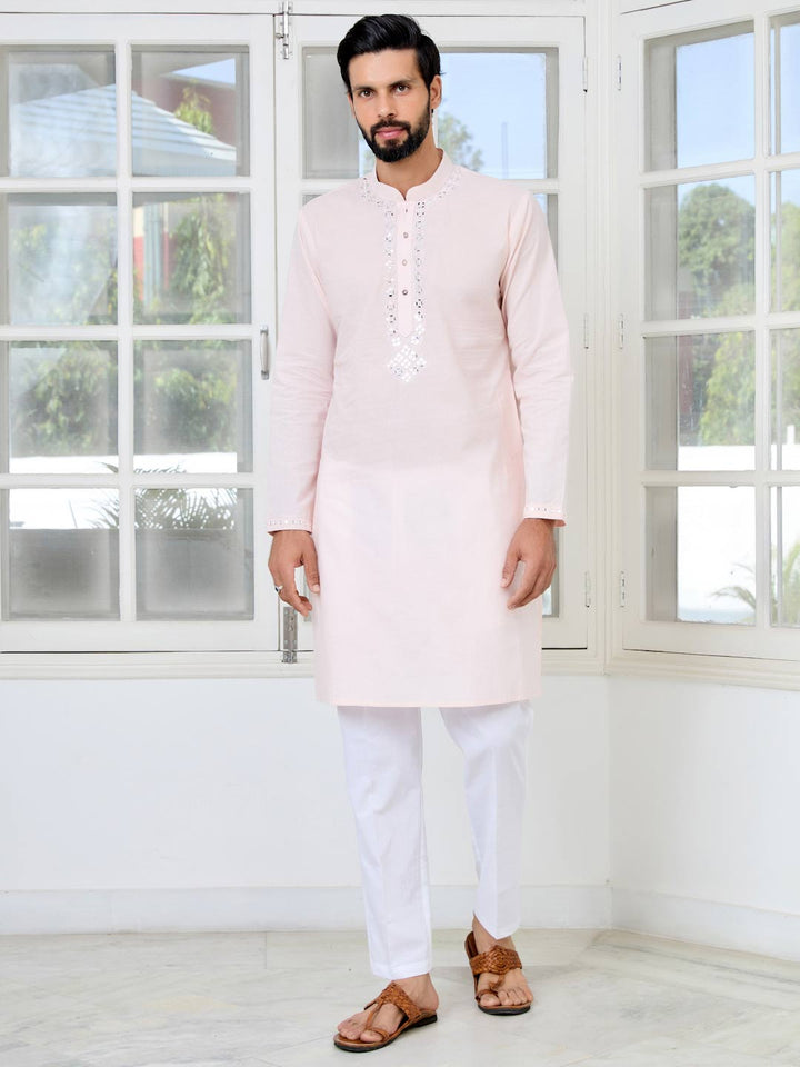 Light Pink Mirror Worked Cotton Straight Kurta with Pyjama with Pyjama