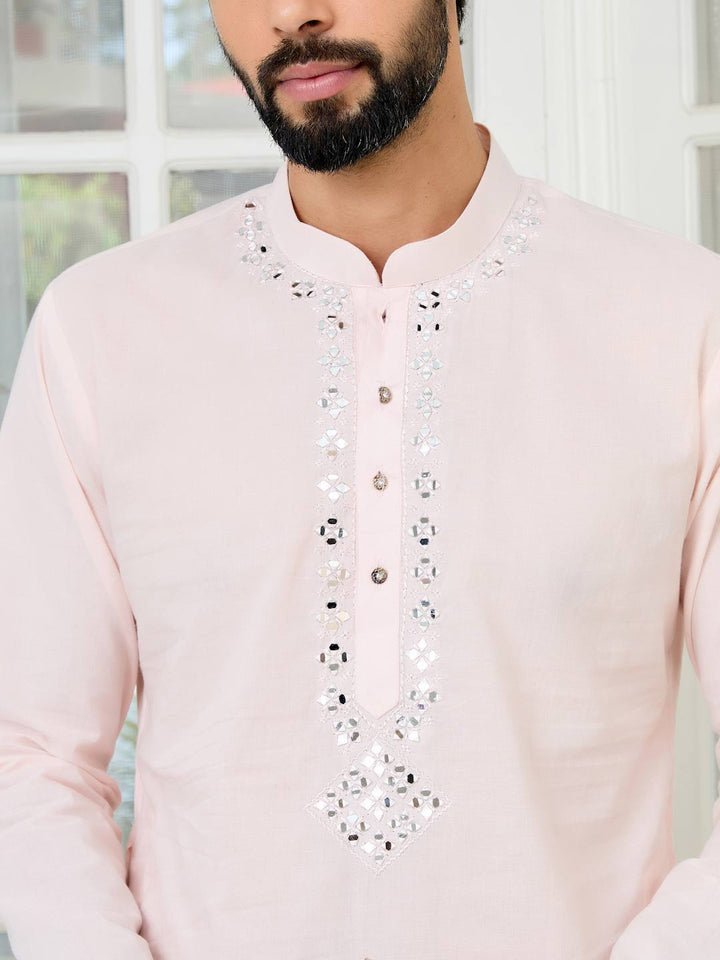 Light Pink Mirror Worked Cotton Straight Kurta with Pyjama with Pyjama