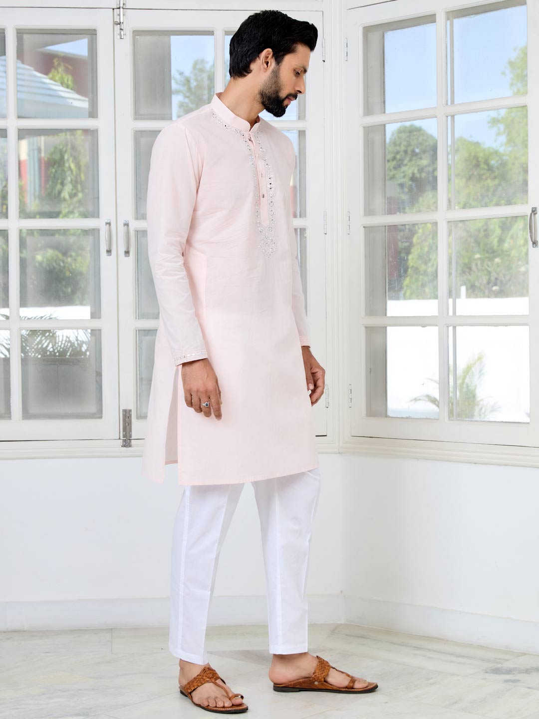 Light Pink Mirror Worked Cotton Straight Kurta with Pyjama with Pyjama