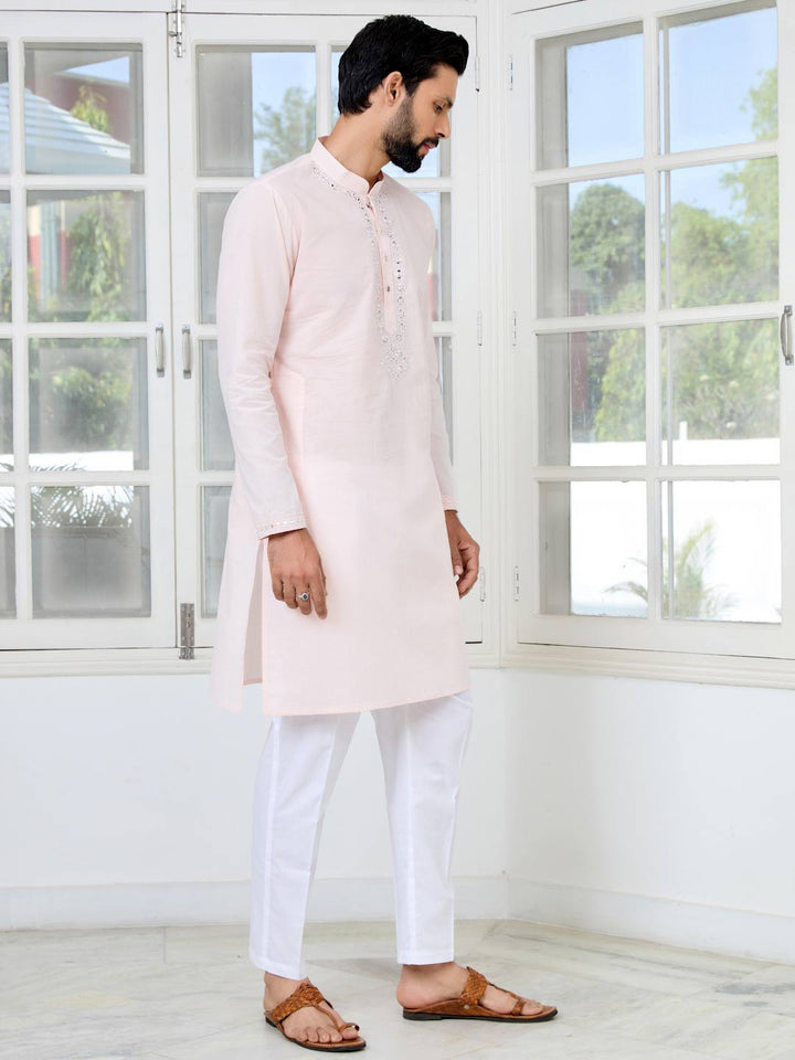 Light Pink Mirror Worked Cotton Straight Kurta with Pyjama with Pyjama