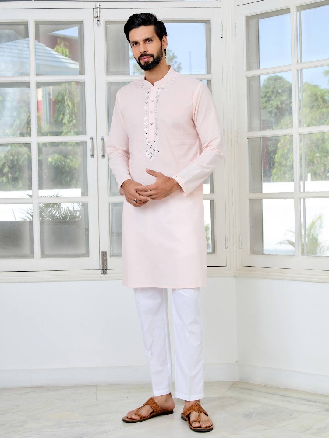 Light Pink Mirror Worked Cotton Straight Kurta with Pyjama with Pyjama