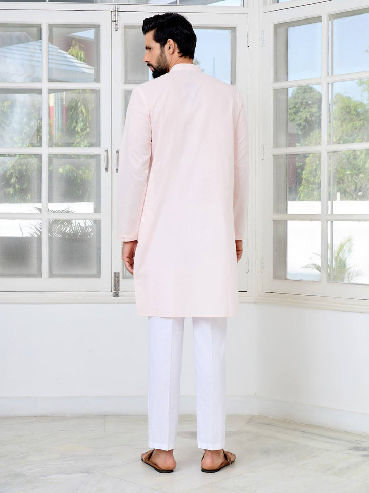 Light Pink Mirror Worked Cotton Straight Kurta with Pyjama with Pyjama