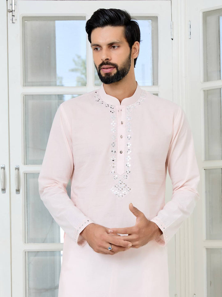 Light Pink Mirror Worked Cotton Straight Kurta with Pyjama with Pyjama
