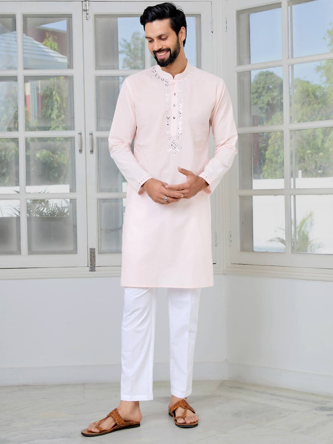 Light Pink Mirror Worked Cotton Straight Kurta