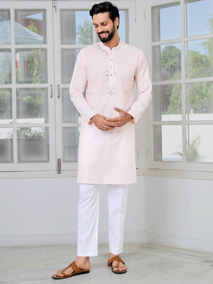 Light Pink Mirror Worked Cotton Straight Kurta