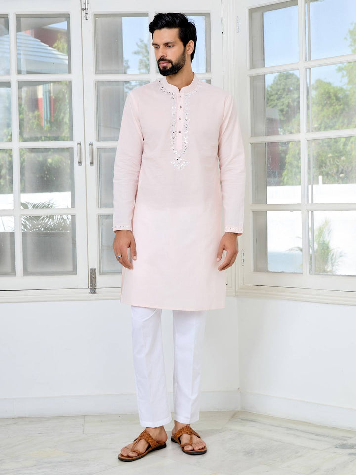 Light Pink Mirror Worked Cotton Straight Kurta