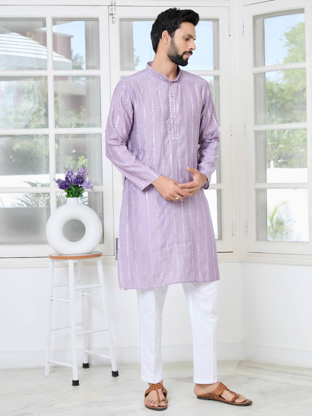 Lavender Sequins Embroidered Straight Kurta