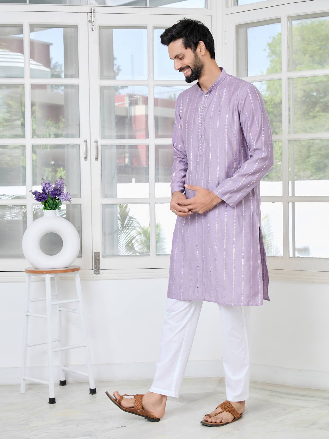 Lavender Sequins Embroidered Straight Kurta