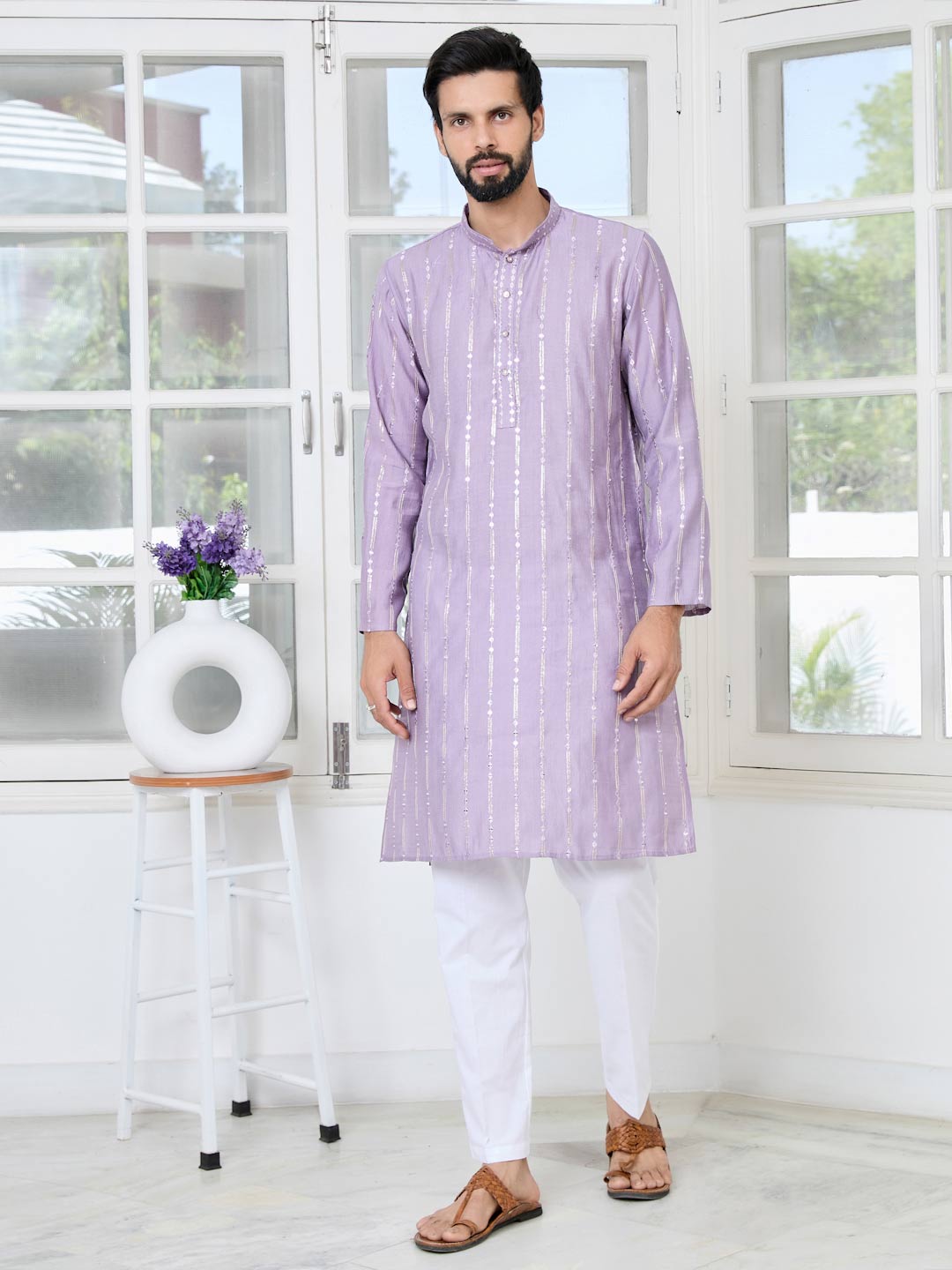 Lavender Sequins Embroidered Straight Kurta