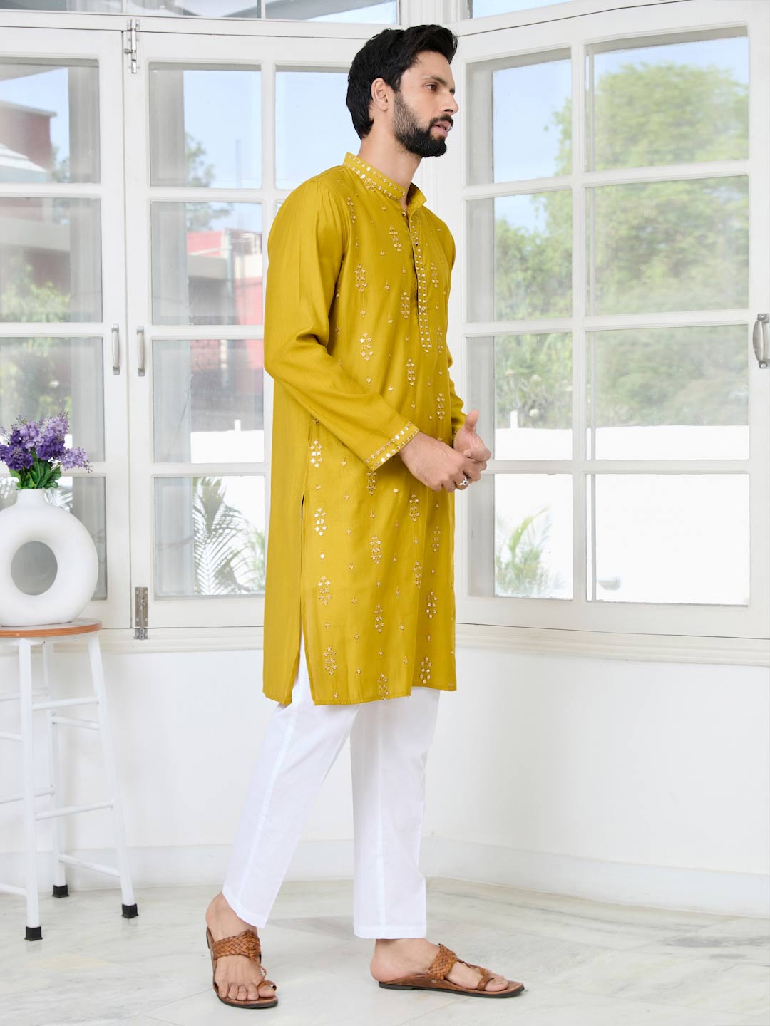 Mustard Sequins Embroidered Straight Kurta with Pyjama with Pyjama
