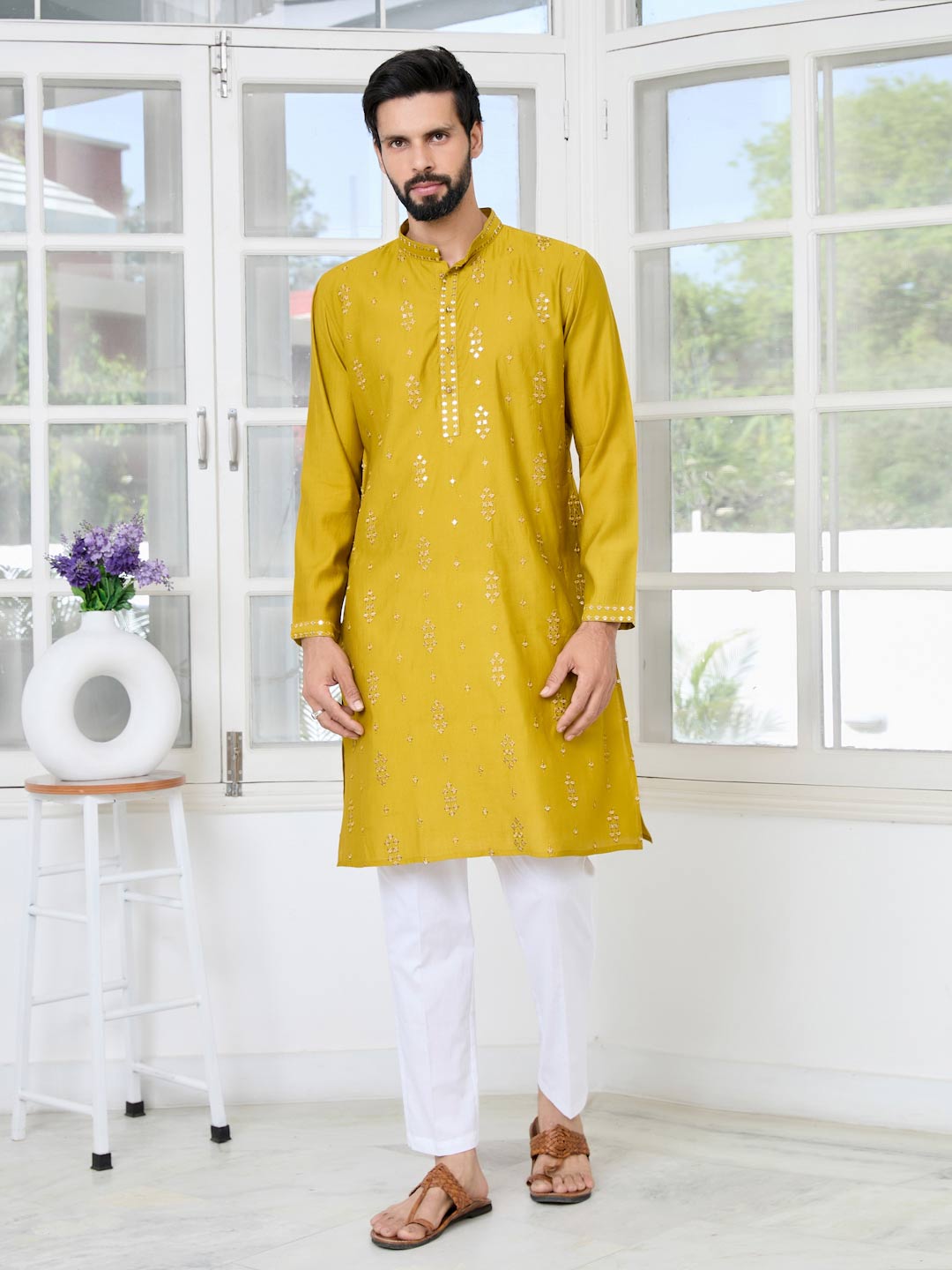 Mustard Sequins Embroidered Straight Kurta