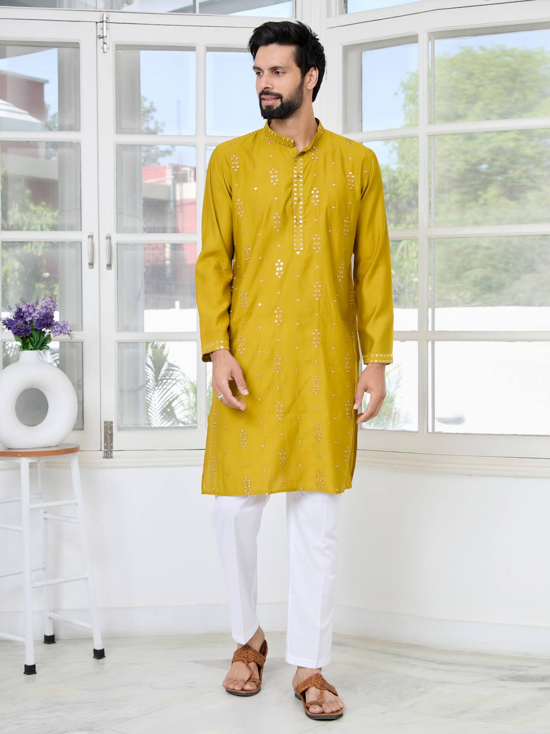 Mustard Sequins Embroidered Straight Kurta