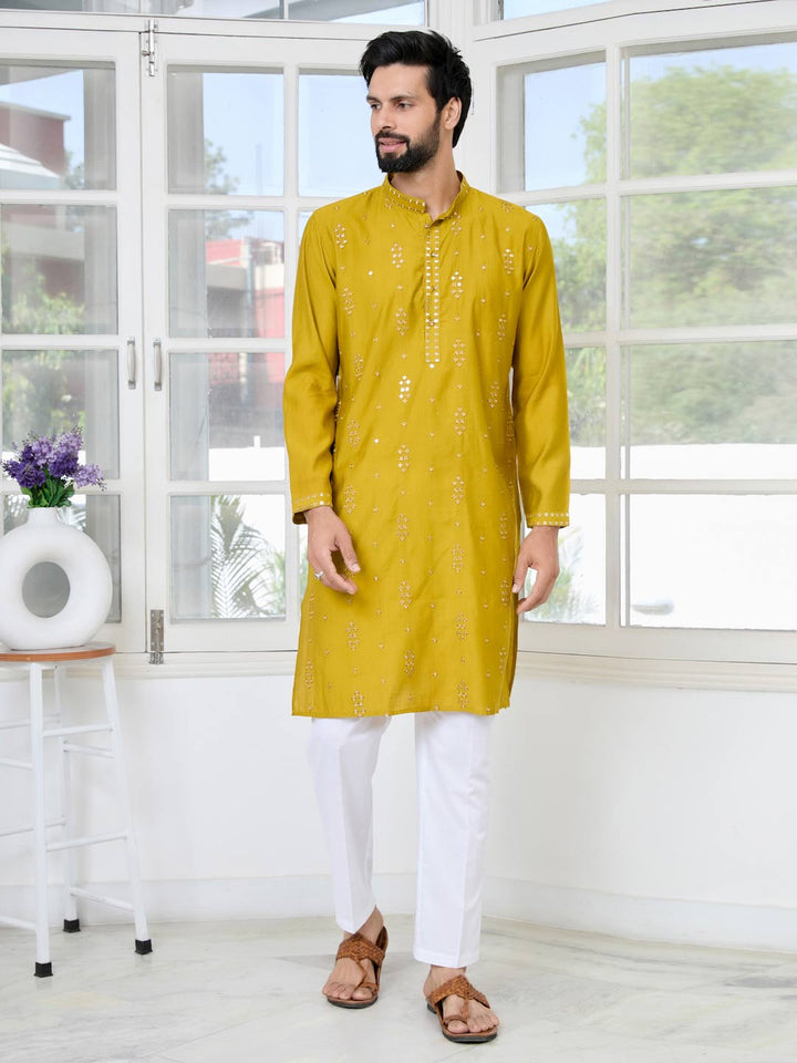 Mustard Sequins Embroidered Straight Kurta