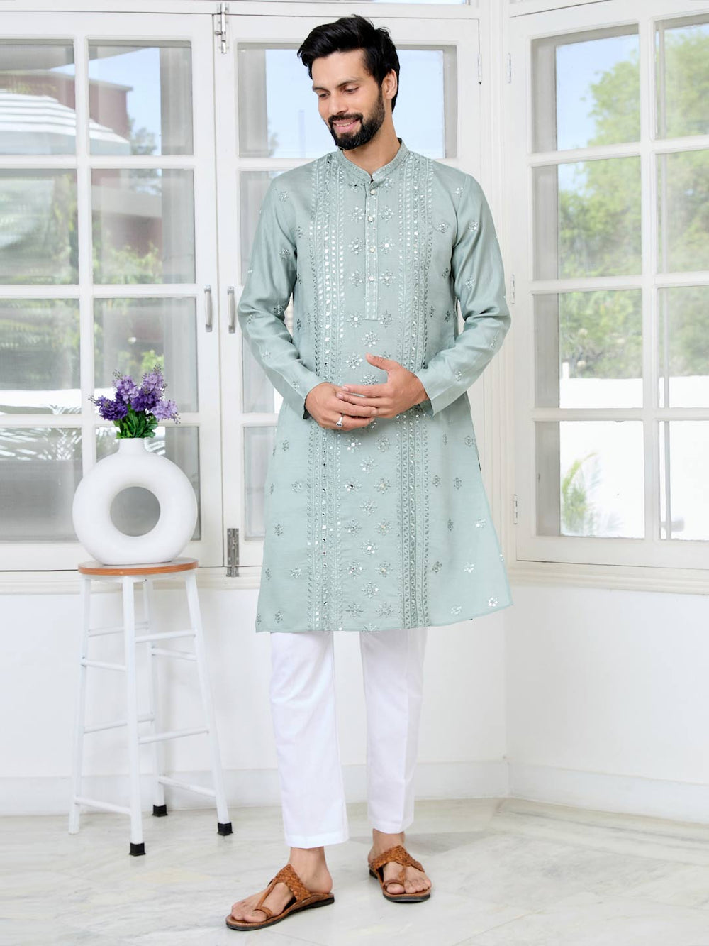 Gray Mirror Worked and sequin Embroidered Straight Kurta – Gray