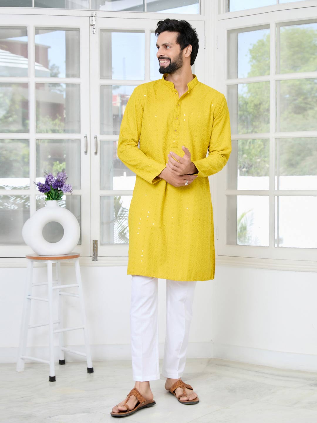 Yellow Embroidered Rayon Straight Kurta